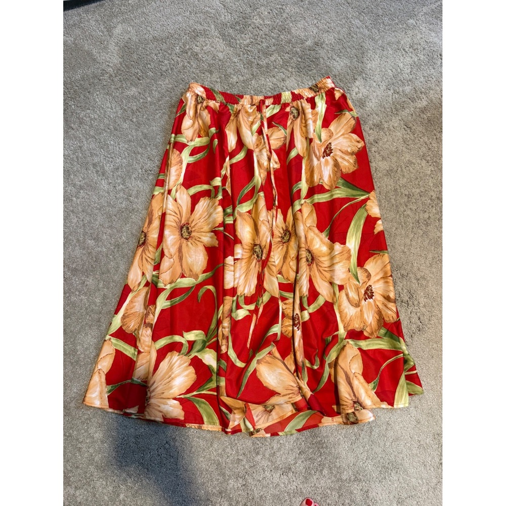 Mlle Gabrielle Red Floral Tropical Maxi Skirt Plus Size 2X Elastic Waist Rayon